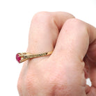 Ostby & Barton Ring - Art Deco 14k Yellow Gold Created Red Ruby Gem Solitaire - Circa 1930s Era Size 7 Wheat Engraved Fine Statement Jewelry