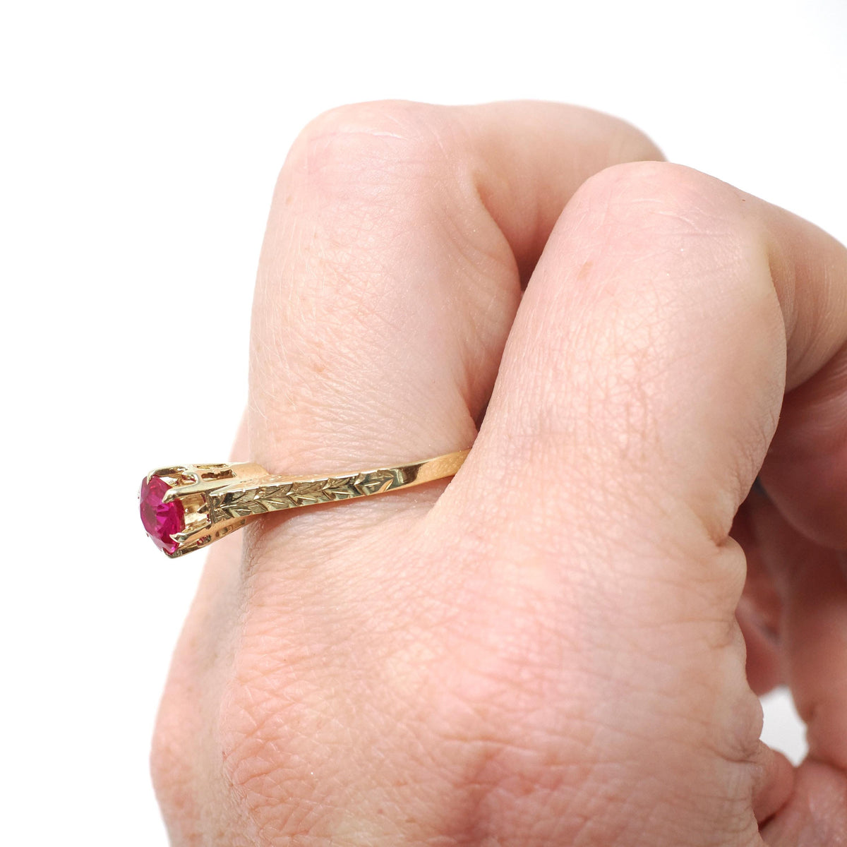 Ostby & Barton Ring - Art Deco 14k Yellow Gold Created Red Ruby Gem Solitaire - Circa 1930s Era Size 7 Wheat Engraved Fine Statement Jewelry