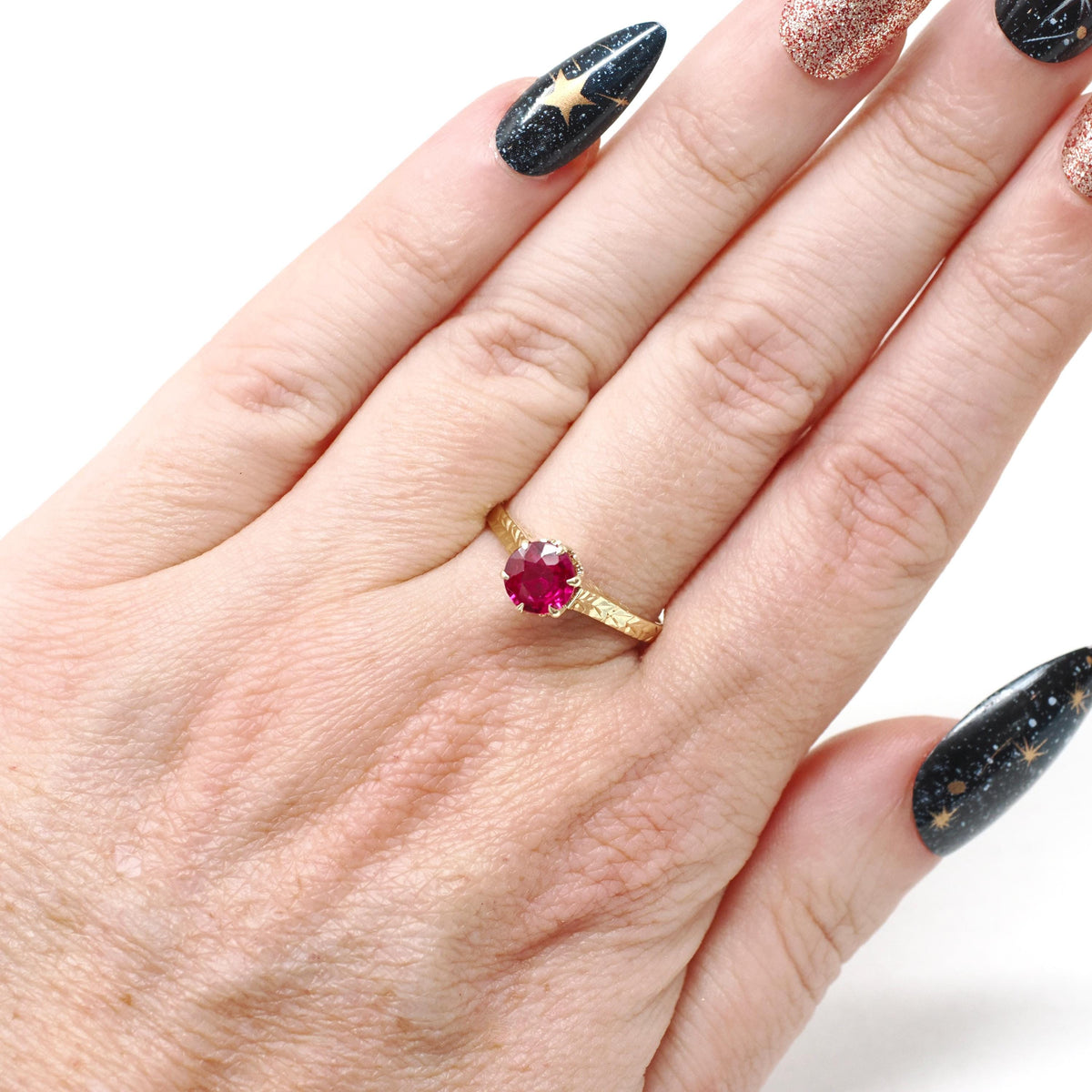 Ostby & Barton Ring - Art Deco 14k Yellow Gold Created Red Ruby Gem Solitaire - Circa 1930s Era Size 7 Wheat Engraved Fine Statement Jewelry
