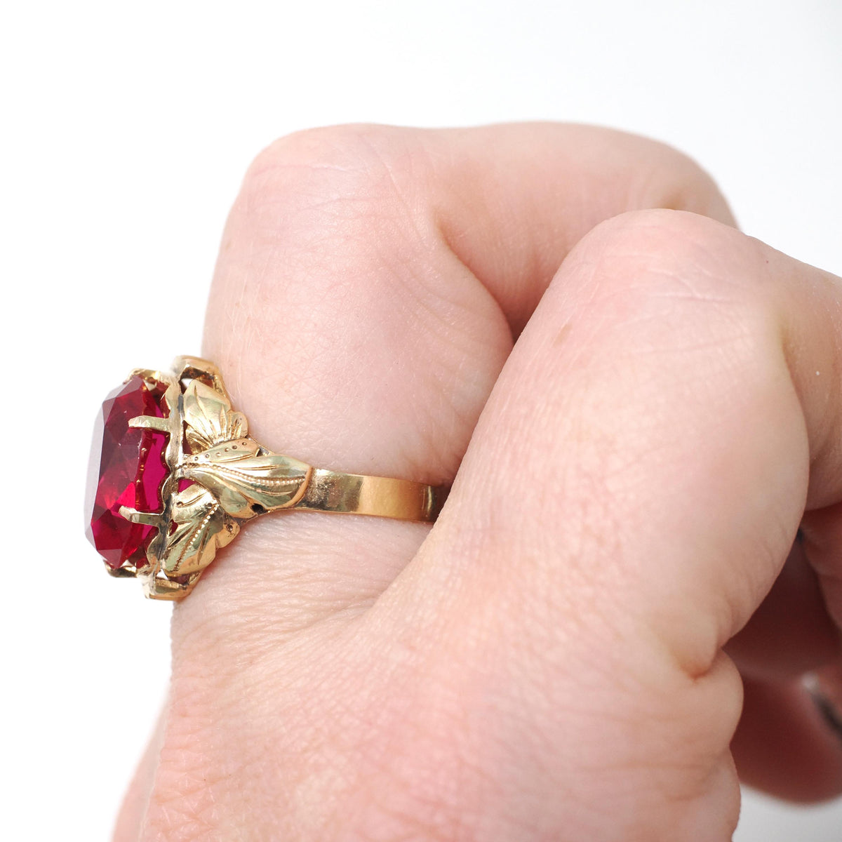 Created Ruby Ring - Mid Century 18k Yellow Gold Red Oval Faceted 5.42 CT Gemstone - Vintage Circa 1960s Size 6 July Birthstone Fine Jewelry
