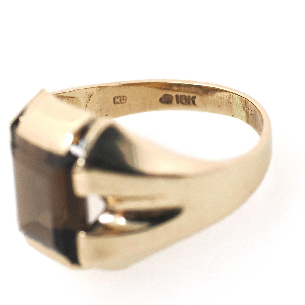 Smoky Quartz Ring - Mid Century Era 9k Yellow Gold Unisex Brown Rectangular Gemstone - Hallmarked 1952 Size 7 1/4 Fine Statement Jewelry