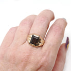Smoky Quartz Ring - Mid Century Era 9k Yellow Gold Unisex Brown Rectangular Gemstone - Hallmarked 1952 Size 7 1/4 Fine Statement Jewelry