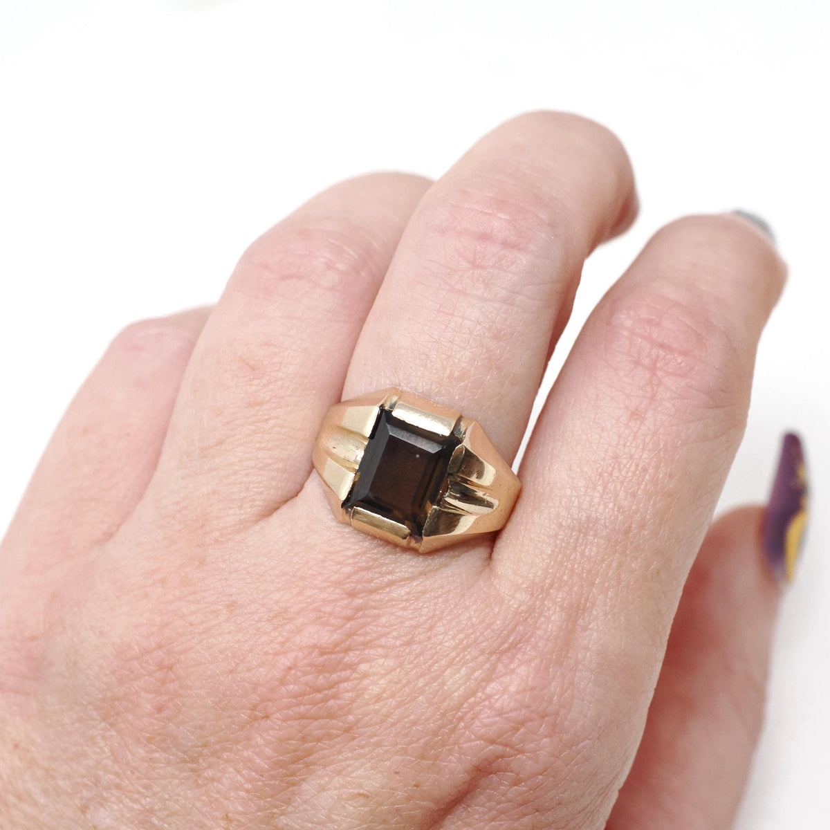 Smoky Quartz Ring - Mid Century Era 9k Yellow Gold Unisex Brown Rectangular Gemstone - Hallmarked 1952 Size 7 1/4 Fine Statement Jewelry
