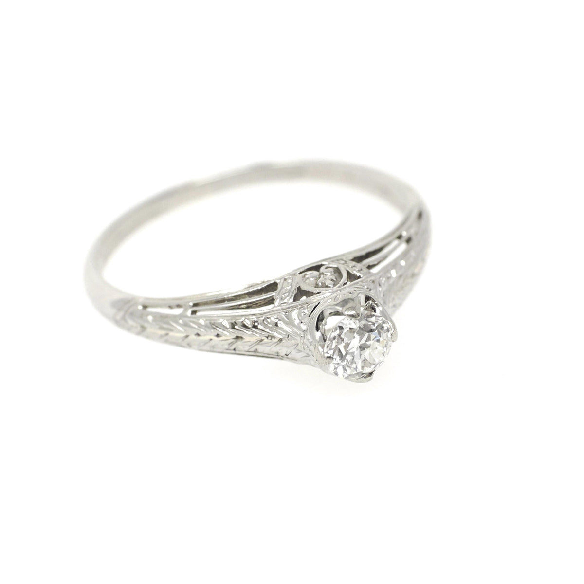 Vintage Engagement Ring - Art Deco 18k White Gold Natural .21 CT Diamond - Circa 1930s Era Size 7 Wheat Design Fine Bridal Statement Jewelry