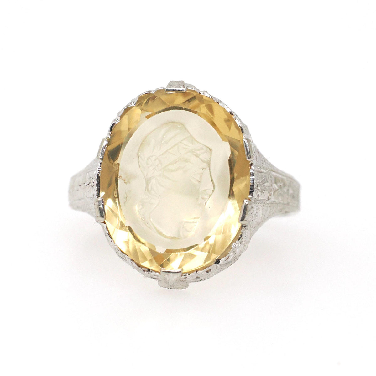 Citrine Intaglio Ring - Art Deco 14k White Gold Oval Cut Carved Neoclassical Woman - Vintage 1930s Era Size 7 3/4 Fine Engraved Jewelry