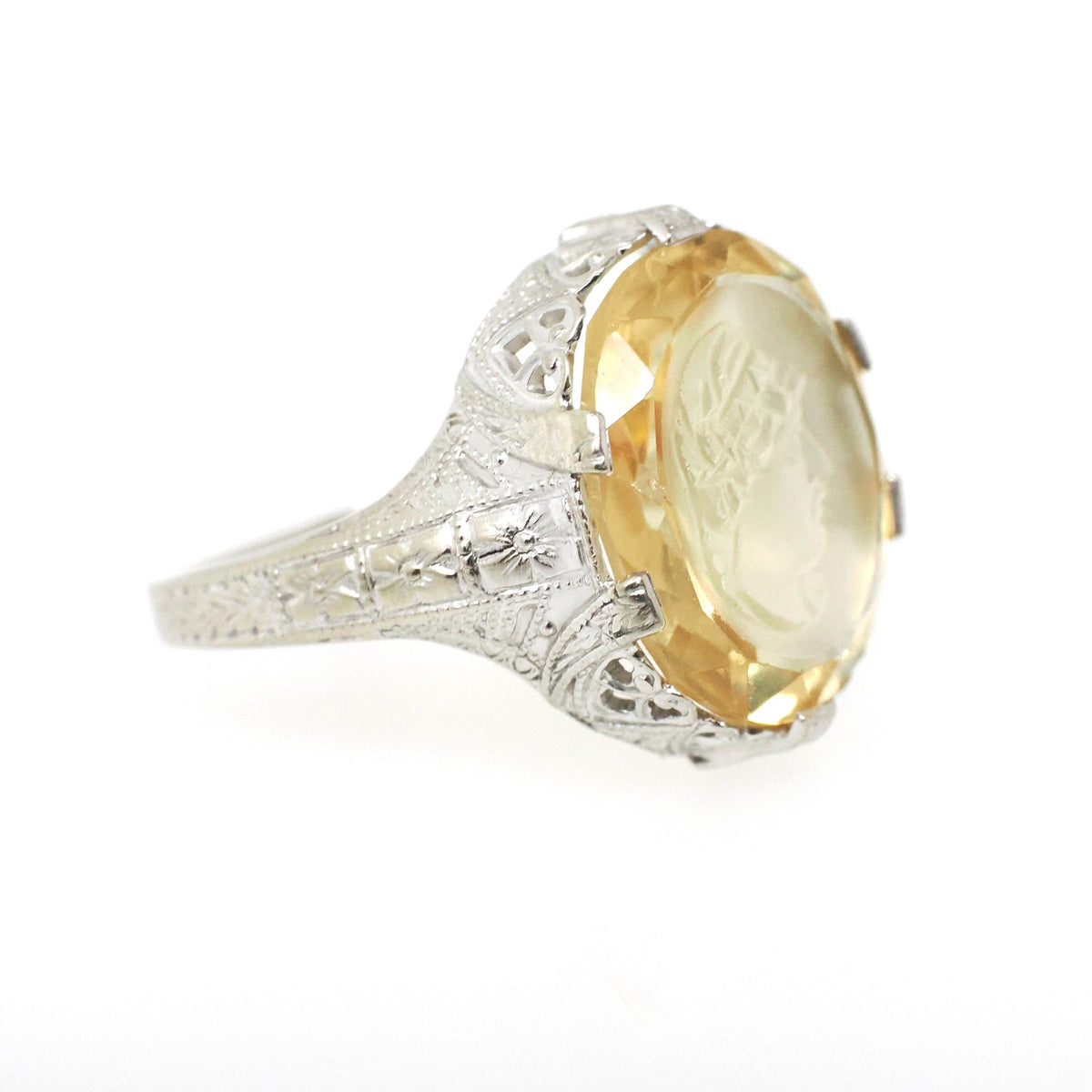 Citrine Intaglio Ring - Art Deco 14k White Gold Oval Cut Carved Neoclassical Woman - Vintage 1930s Era Size 7 3/4 Fine Engraved Jewelry