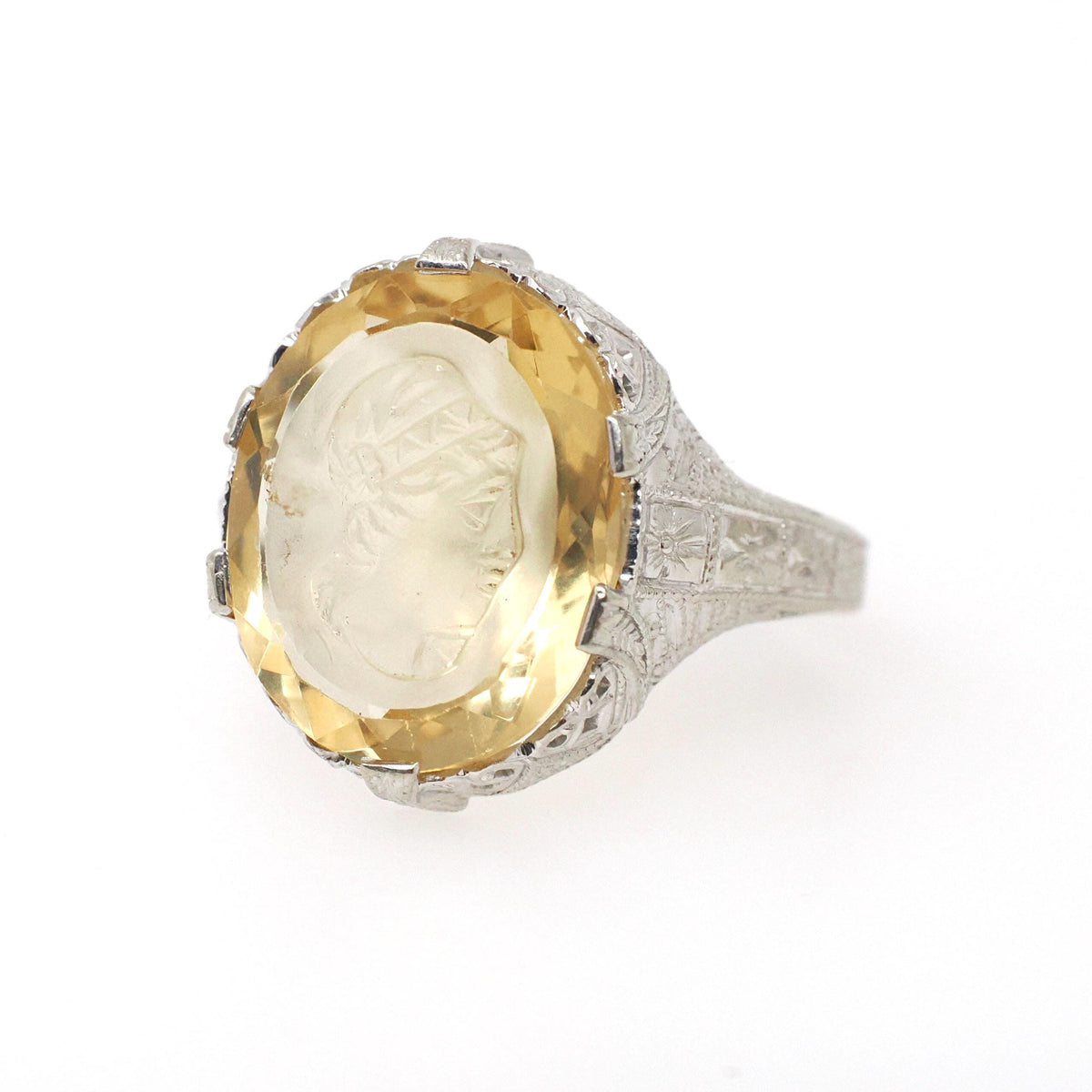 Citrine Intaglio Ring - Art Deco 14k White Gold Oval Cut Carved Neoclassical Woman - Vintage 1930s Era Size 7 3/4 Fine Engraved Jewelry