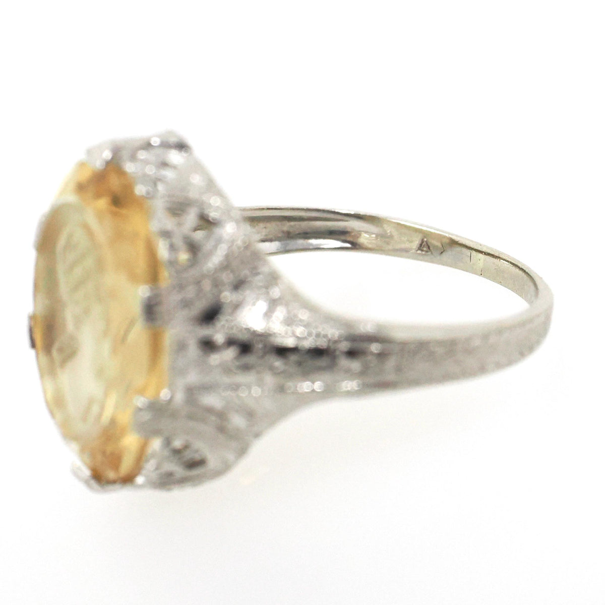 Citrine Intaglio Ring - Art Deco 14k White Gold Oval Cut Carved Neoclassical Woman - Vintage 1930s Era Size 7 3/4 Fine Engraved Jewelry