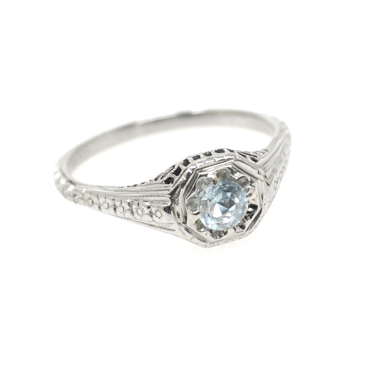 Topaz Filigree Ring - Antique Art Deco 18k White Gold Natural .70 Natural Blue Gem - Circa 1920s Size 7 1/2 December Birthstone Fine Jewelry