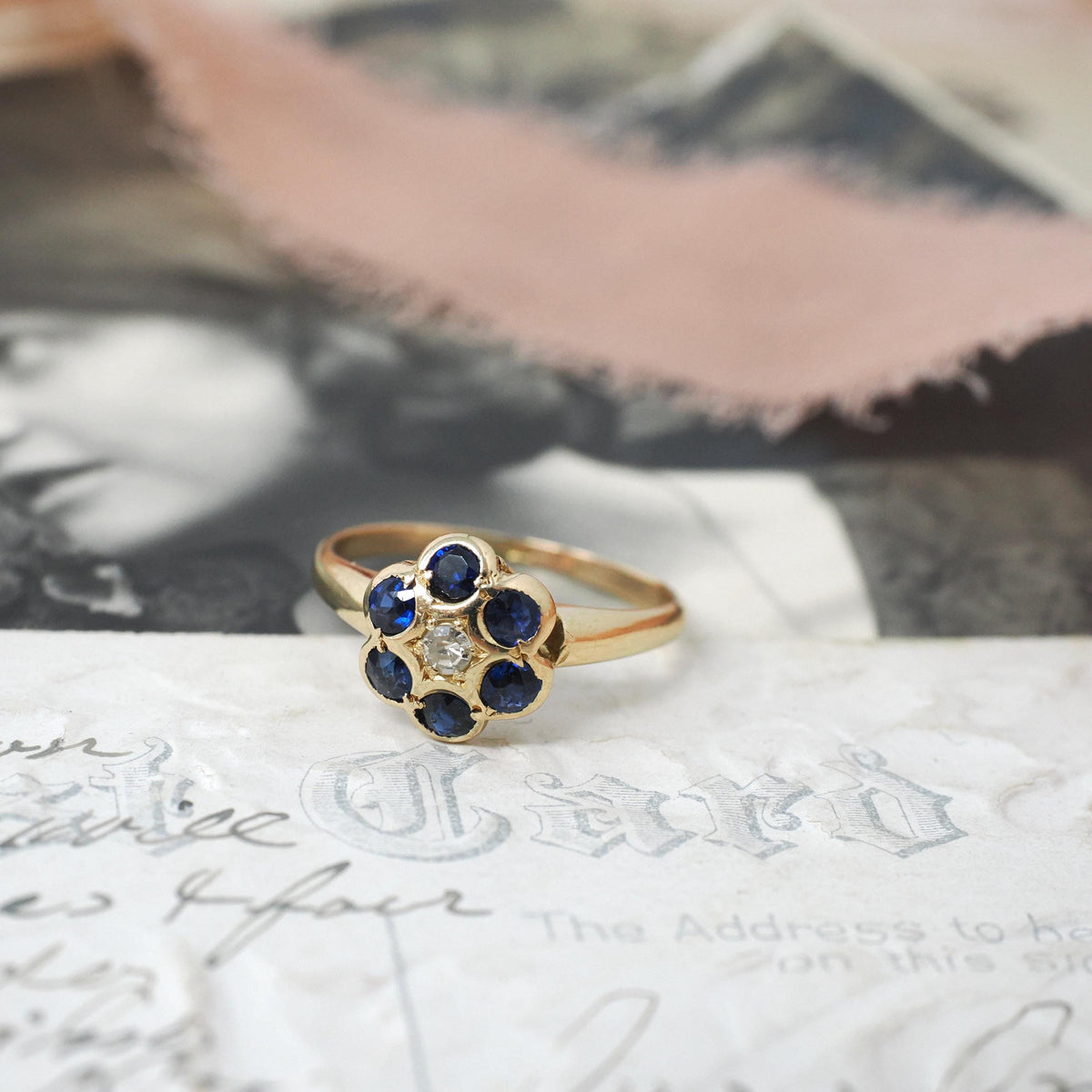 Antique Flower Ring - Edwardian 18k Yellow Gold Blue Sapphire .48 TW Gemstone Cluster - Circa 1910s Era Size 5 1/4 Diamond Fine Halo Jewelry