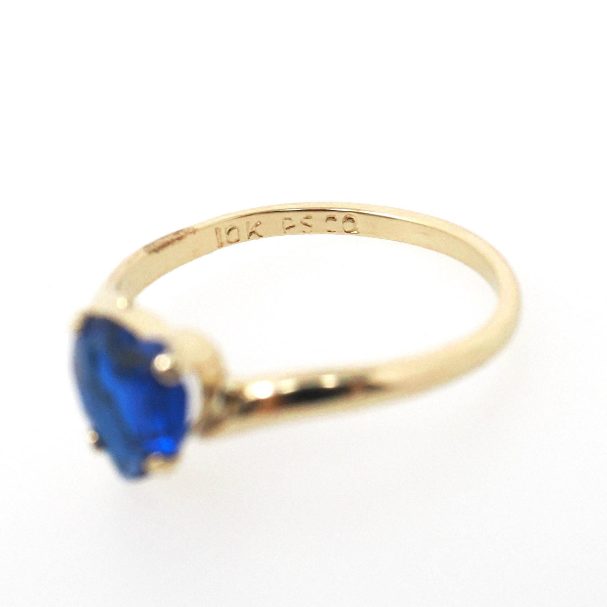 Vintage Created Spinel Ring - Mid Century 10k Yellow Gold Heart Cobalt Blue Gem Bypass - Circa 1960s Size 5 1/4 September Birthstone Jewelry