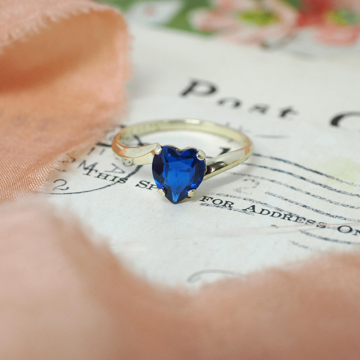 Vintage Created Spinel Ring - Mid Century 10k Yellow Gold Heart Cobalt Blue Gem Bypass - Circa 1960s Size 5 1/4 September Birthstone Jewelry