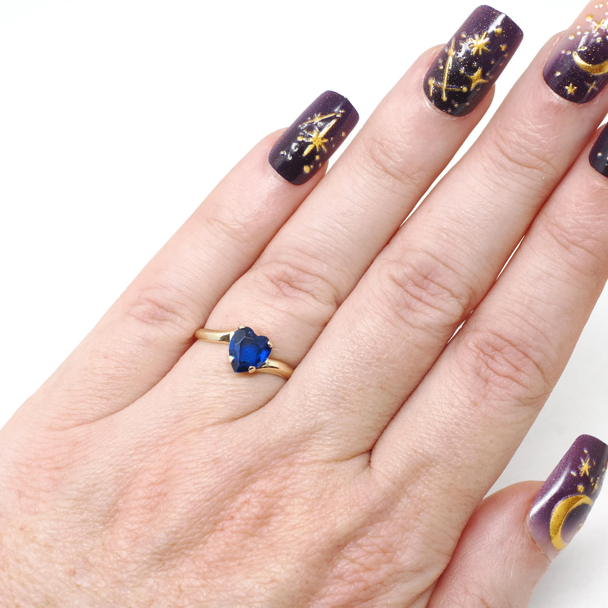 Vintage Created Spinel Ring - Mid Century 10k Yellow Gold Heart Cobalt Blue Gem Bypass - Circa 1960s Size 5 1/4 September Birthstone Jewelry