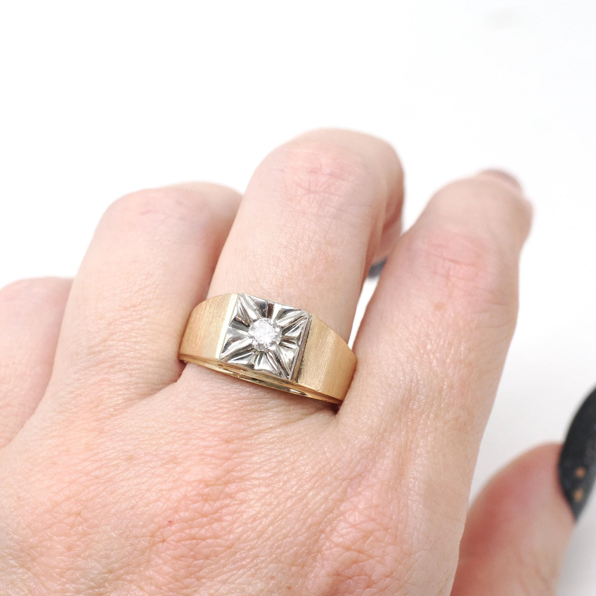 Vintage Diamond Ring - Retro Era 10k Yellow & White Gold .22 CT Bridal Band - Circa 1940s Size 9 3/4 Two Tone Star Fine Statement Jewelry