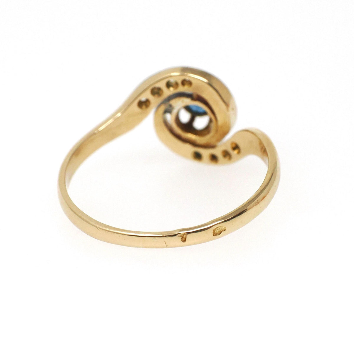 Antique Swirl Ring - Edwardian 18k Yellow Gold & Platinum Blue Glass Diamond Chips - Circa 1900s Size 7 French Handmade Halo Fine Jewelry