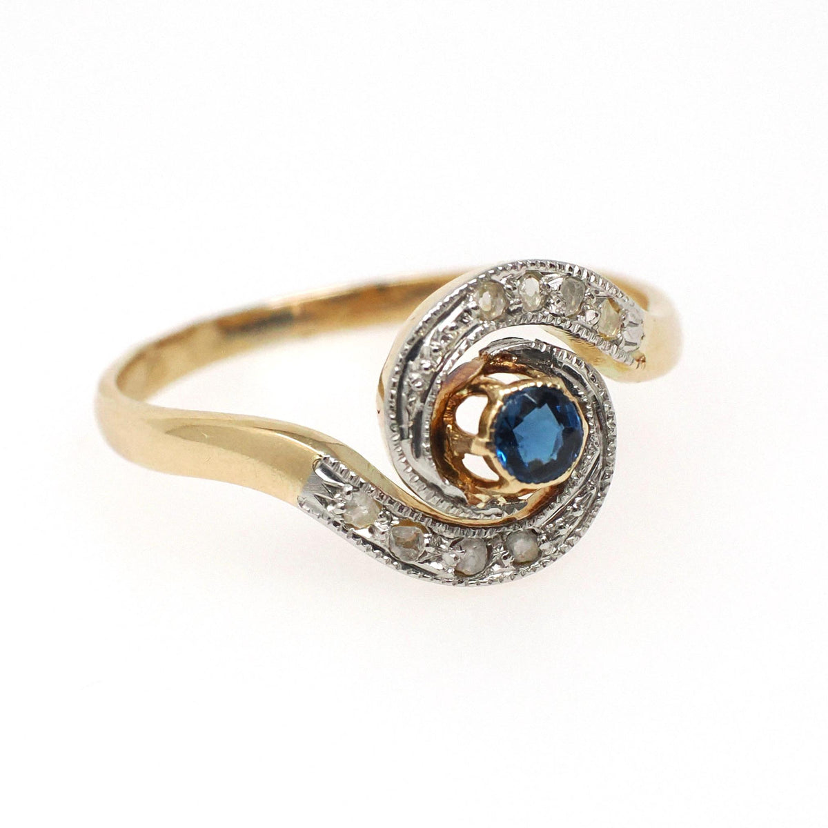 Antique Swirl Ring - Edwardian 18k Yellow Gold & Platinum Blue Glass Diamond Chips - Circa 1900s Size 7 French Handmade Halo Fine Jewelry