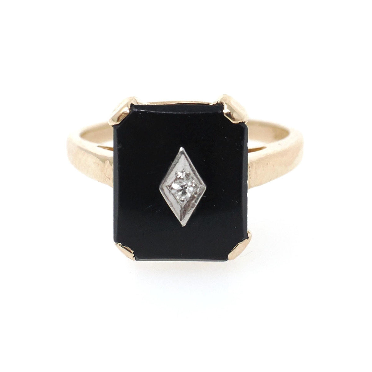 Vintage Onyx Ring - Mid Century 14k Yellow Gold Black Chalcedony Gemstone - Circa 1960s Era Size 6 1/4 Accent Diamond Statement Fine Jewelry