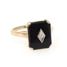 Vintage Onyx Ring - Mid Century 14k Yellow Gold Black Chalcedony Gemstone - Circa 1960s Era Size 6 1/4 Accent Diamond Statement Fine Jewelry