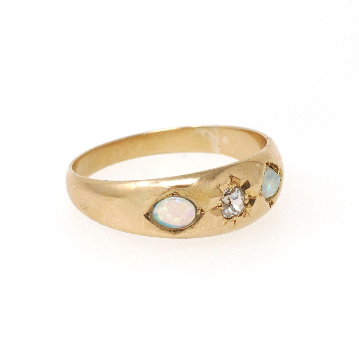 Antique Opal & Diamond Ring - Victorian 18k Yellow Gold Three Stone Natural Gemstone Band - Dated 1892 Size 7 1/2 Star Incised Fine Jewelry