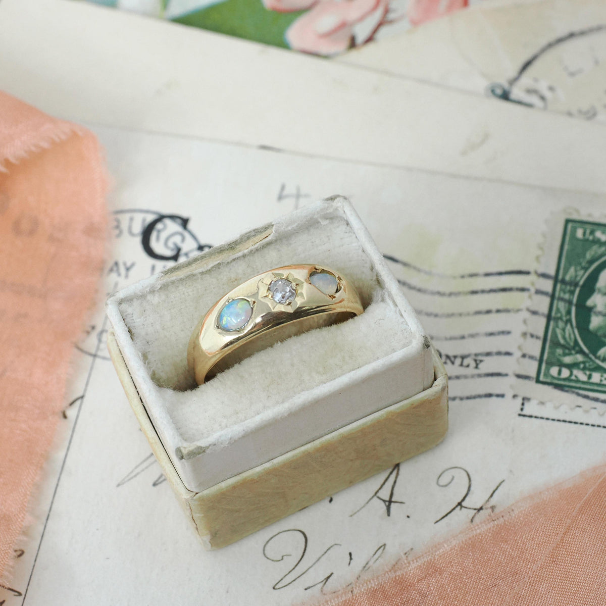 Antique Opal & Diamond Ring - Victorian 18k Yellow Gold Three Stone Natural Gemstone Band - Dated 1892 Size 7 1/2 Star Incised Fine Jewelry