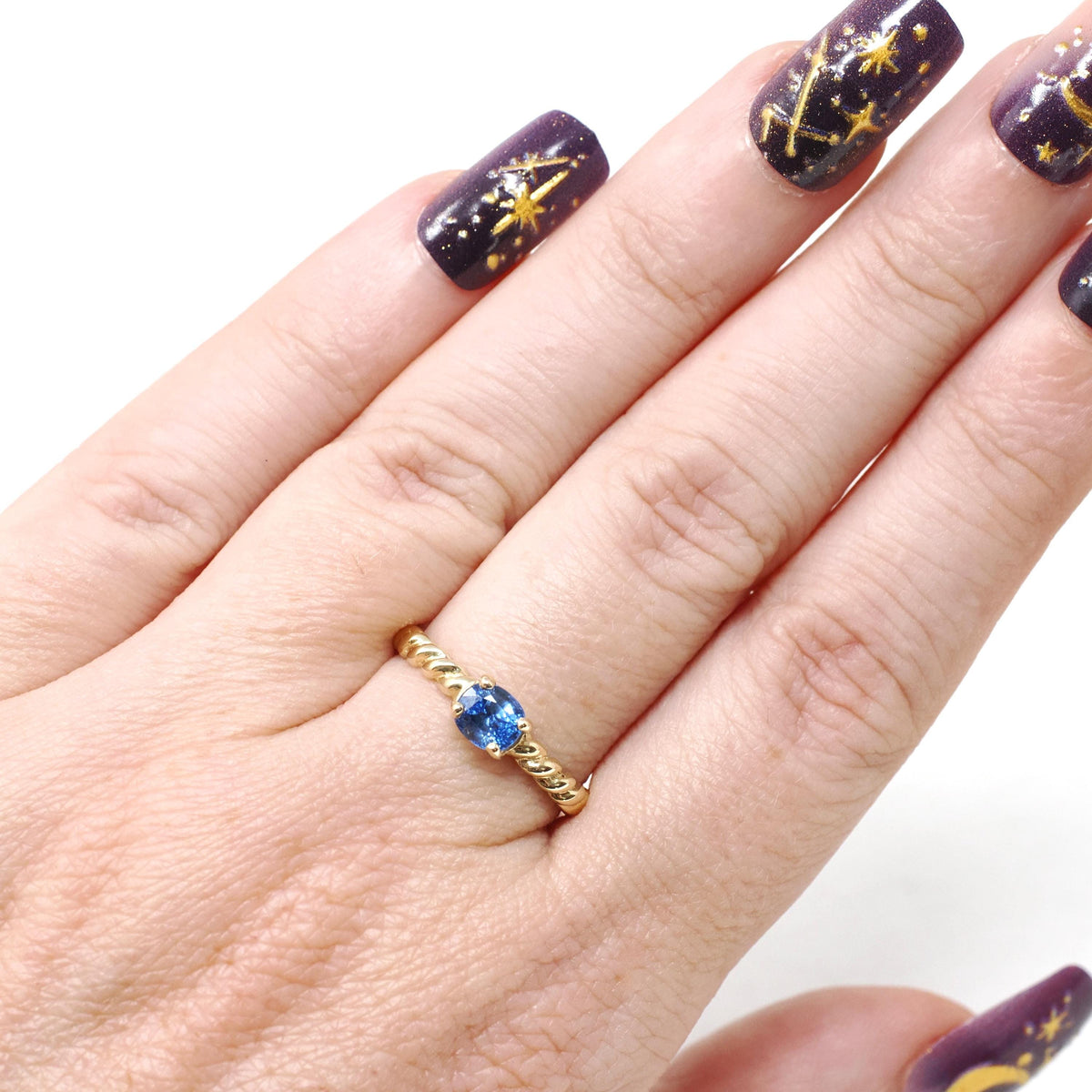 Sapphire Stacking Ring - Contemporary 14k Yellow Gold Natural Blue East West Gem Solitaire - Circa 2000s Size 6 Fine Bubble Band Jewelry