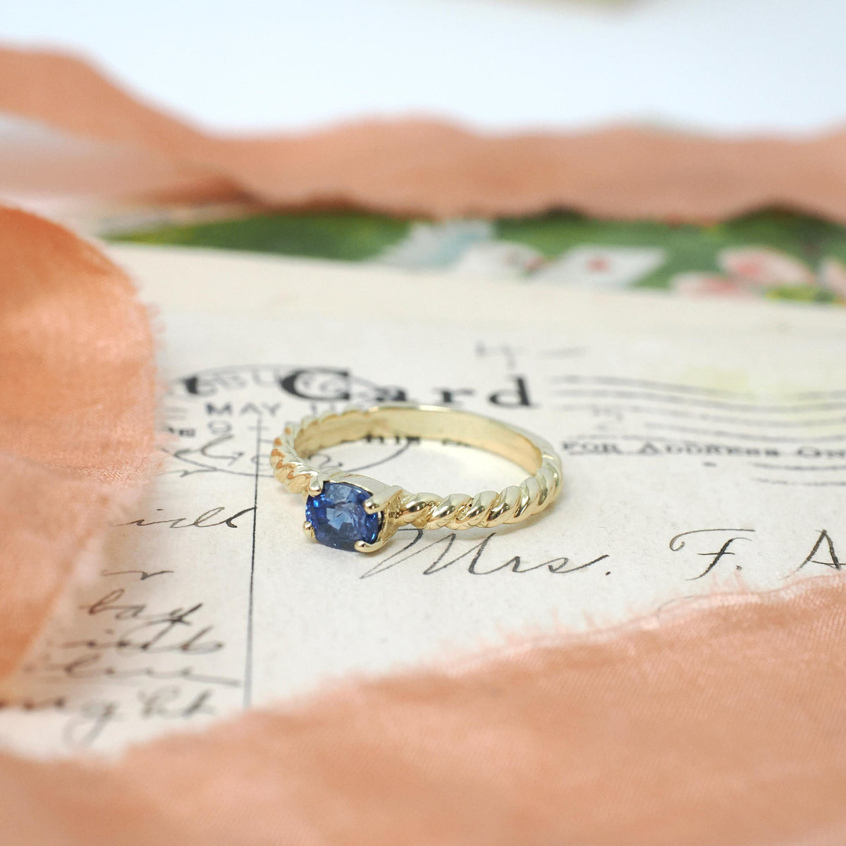 Sapphire Stacking Ring - Contemporary 14k Yellow Gold Natural Blue East West Gem Solitaire - Circa 2000s Size 6 Fine Bubble Band Jewelry