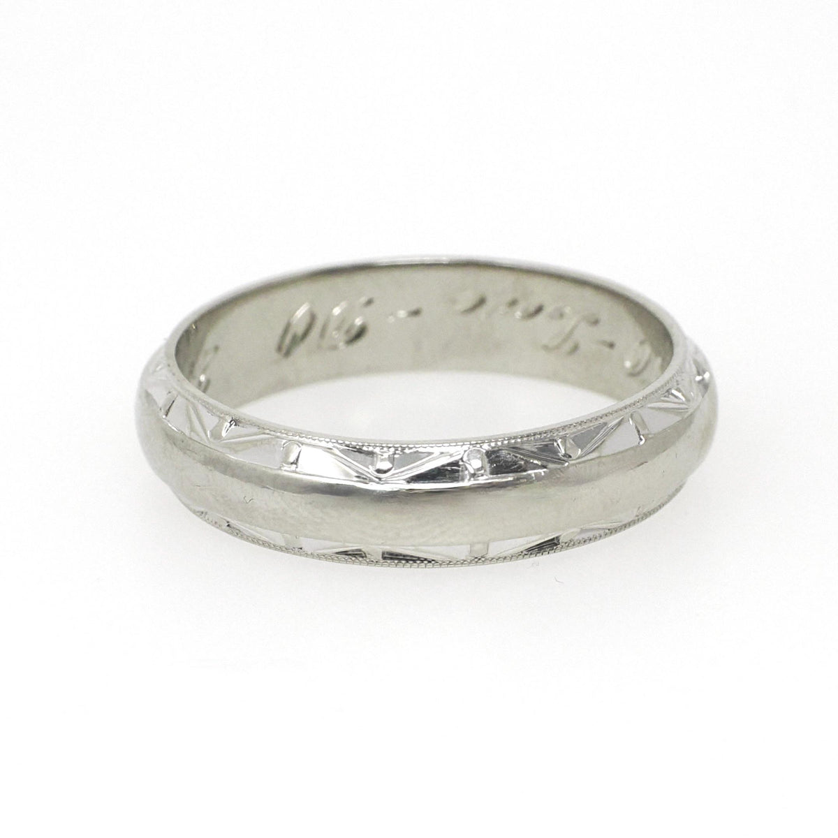 Dated 1960 Band - Mid Century 14k White Gold Milgrain Diamond Cut Eternity Wedding Ring - Vintage Size 9 3/4 Engraved Fine Bridal Jewelry