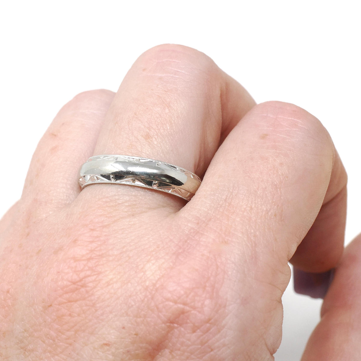 Dated 1960 Band - Mid Century 14k White Gold Milgrain Diamond Cut Eternity Wedding Ring - Vintage Size 9 3/4 Engraved Fine Bridal Jewelry