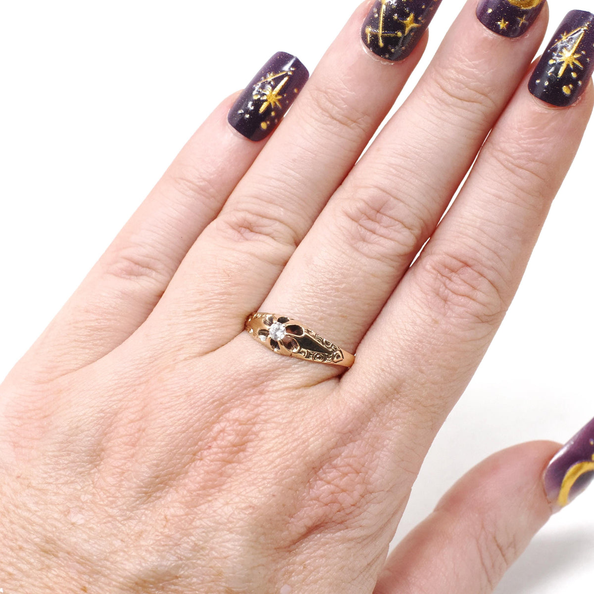 Antique Diamond Ring - Edwardian 10k Yellow Gold Natural .08 CT Round Brilliant Solitaire - Circa 1900s Size 8.25 Belcher Engagement Jewelry