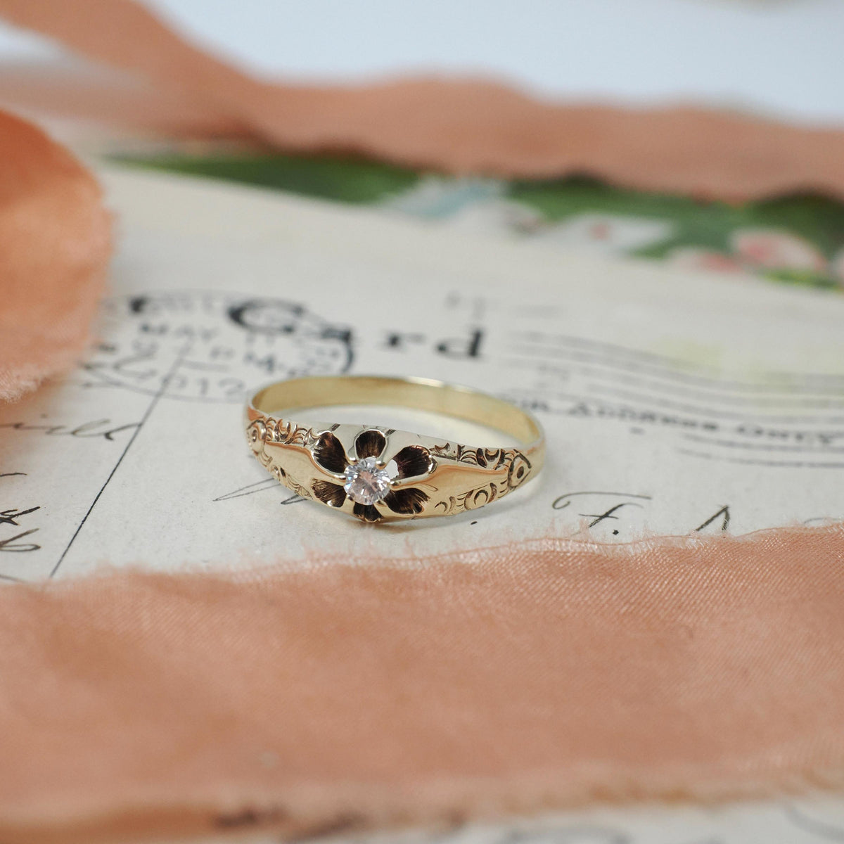 Antique Diamond Ring - Edwardian 10k Yellow Gold Natural .08 CT Round Brilliant Solitaire - Circa 1900s Size 8.25 Belcher Engagement Jewelry