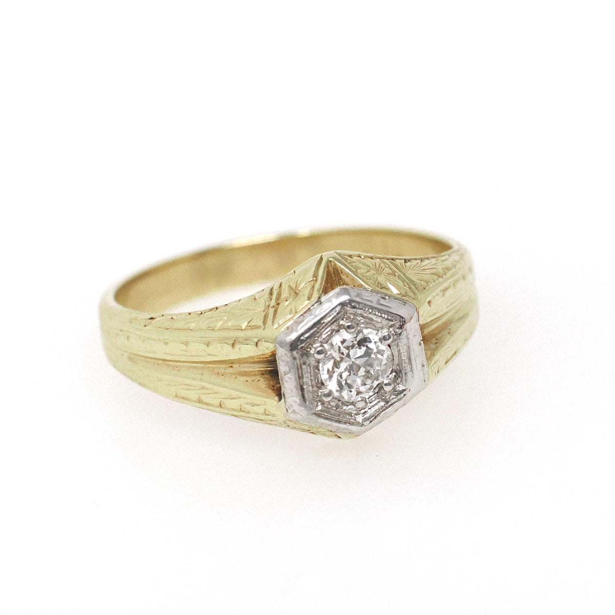 Vintage Diamond Ring - Art Deco 14k Yellow & White Gold Hexagonal .25 CT Round Solitaire - Circa 1930s Era Size 8 1/2 Engraved Fine Jewelry