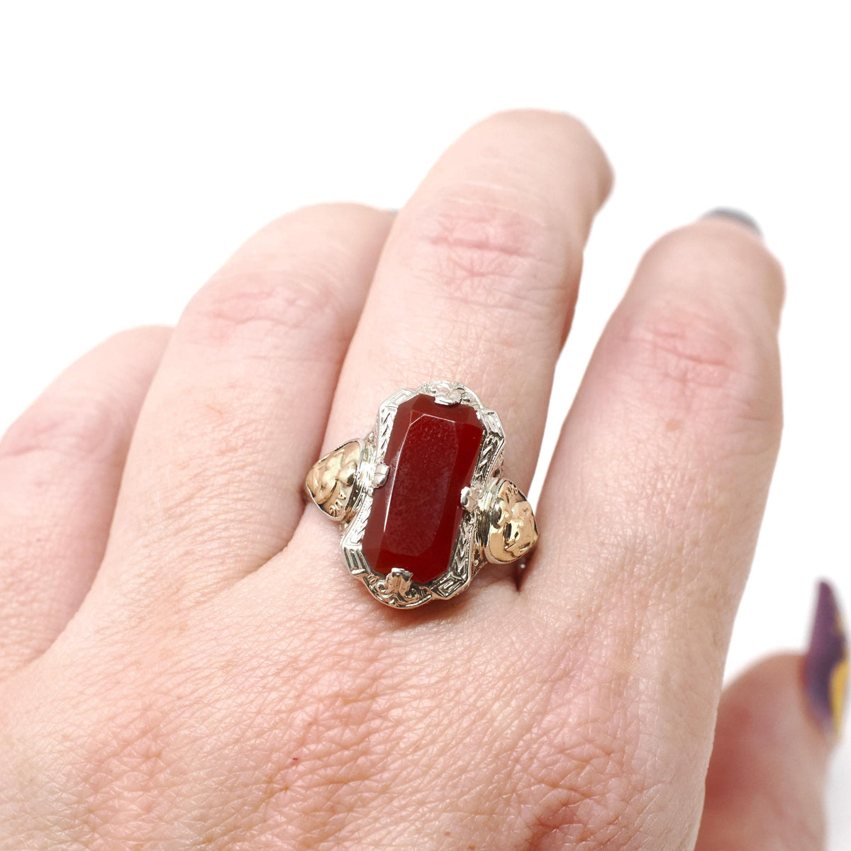 Virgo Filigree Ring - Vintage 14k White & Yellow Gold Natural Carnelian Gemstone Shield - Circa 1930s Size 9 1/2 Fine August Zodiac Jewelry