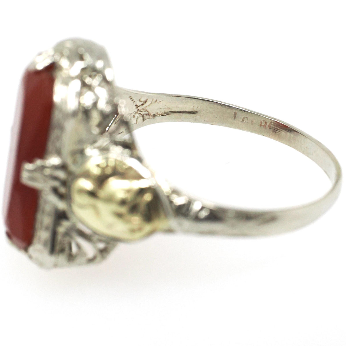 Virgo Filigree Ring - Vintage 14k White & Yellow Gold Natural Carnelian Gemstone Shield - Circa 1930s Size 9 1/2 Fine August Zodiac Jewelry