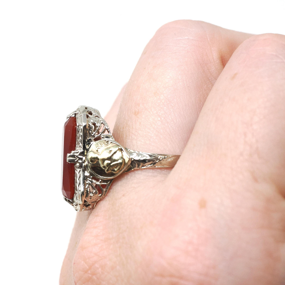 Virgo Filigree Ring - Vintage 14k White & Yellow Gold Natural Carnelian Gemstone Shield - Circa 1930s Size 9 1/2 Fine August Zodiac Jewelry