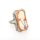 Vintage Cameo Habillé Ring - Art Deco 14k White Gold Carved Shell & Natural Diamond - Circa 1930s Size 6 1/4 Portrait Fine Filigree Jewelry