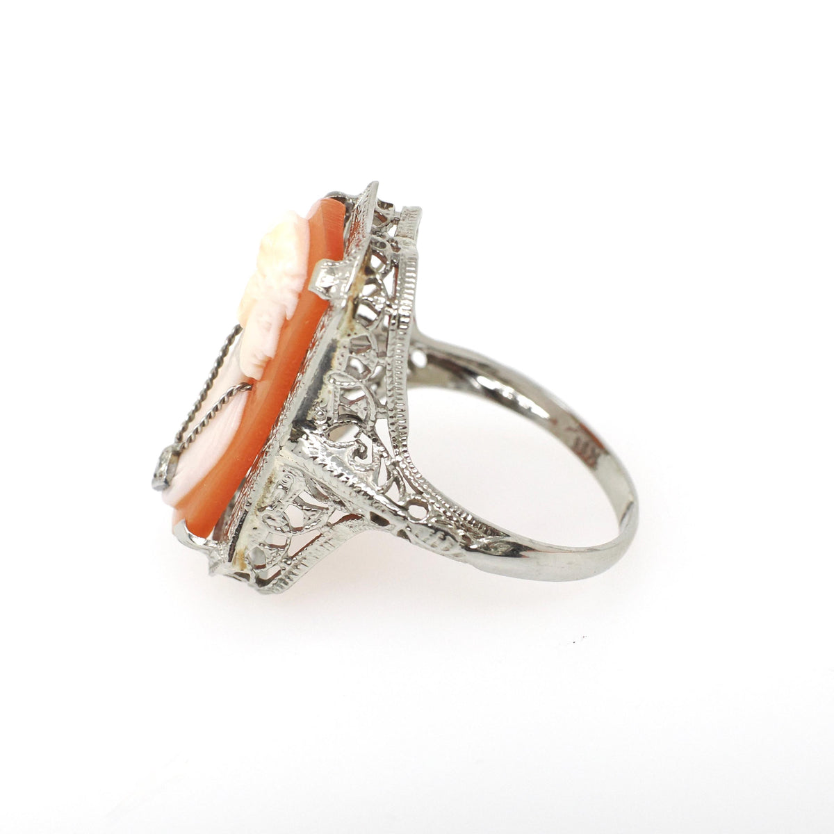 Vintage Cameo Habillé Ring - Art Deco 14k White Gold Carved Shell & Natural Diamond - Circa 1930s Size 6 1/4 Portrait Fine Filigree Jewelry