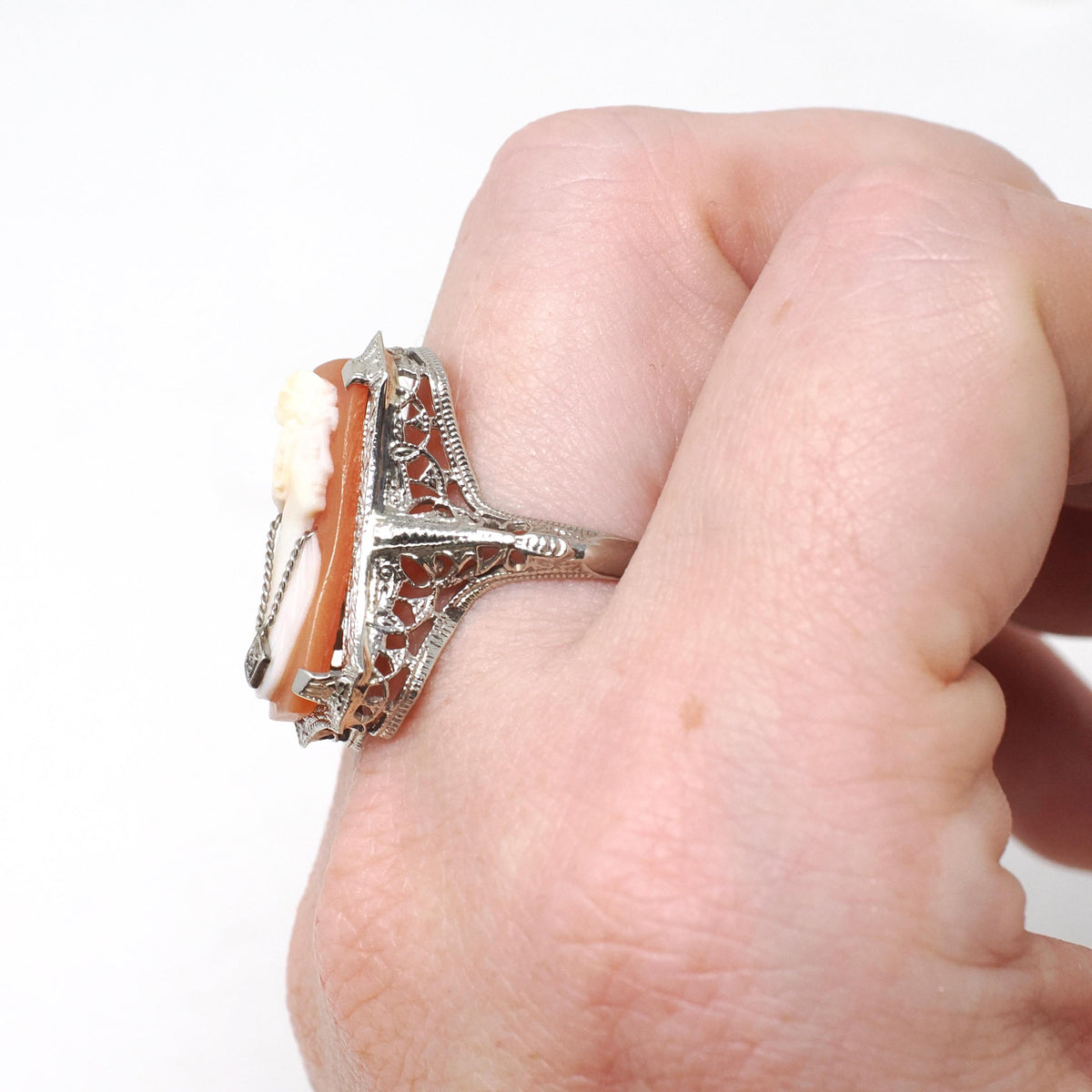Vintage Cameo Habillé Ring - Art Deco 14k White Gold Carved Shell & Natural Diamond - Circa 1930s Size 6 1/4 Portrait Fine Filigree Jewelry