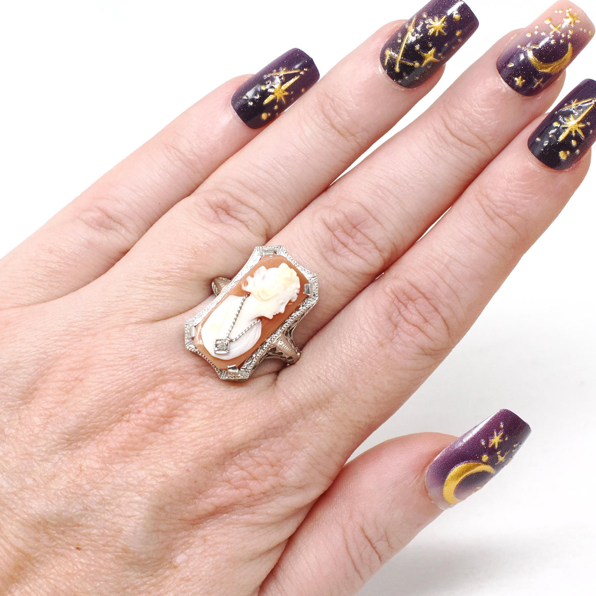 Vintage Cameo Habillé Ring - Art Deco 14k White Gold Carved Shell & Natural Diamond - Circa 1930s Size 6 1/4 Portrait Fine Filigree Jewelry