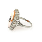 Vintage Cameo Habillé Ring - Art Deco 14k White Gold Carved Shell Diamond & Synthetic Sapphire - Circa 1930s Size 7.25 Fine Filigree Jewelry