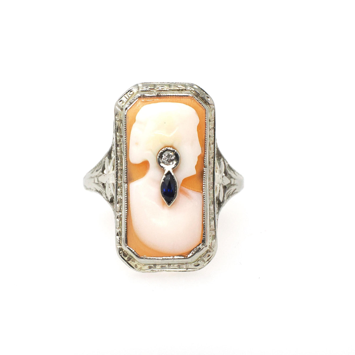 Vintage Cameo Habillé Ring - Art Deco 14k White Gold Carved Shell Diamond & Synthetic Sapphire - Circa 1930s Size 7.25 Fine Filigree Jewelry