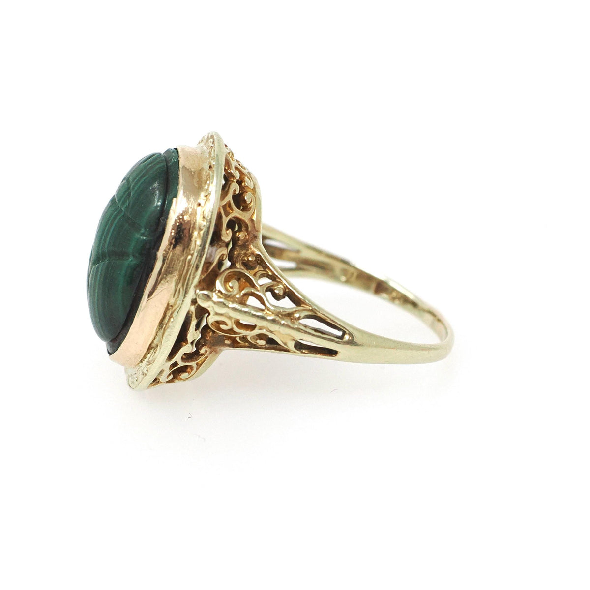Vintage Scarab Ring - Art Deco 14k Yellow Gold Carved Natural Malachite Gem Solitaire - Circa 1930s Size 4 3/4 Egyptian Revival Fine Jewelry