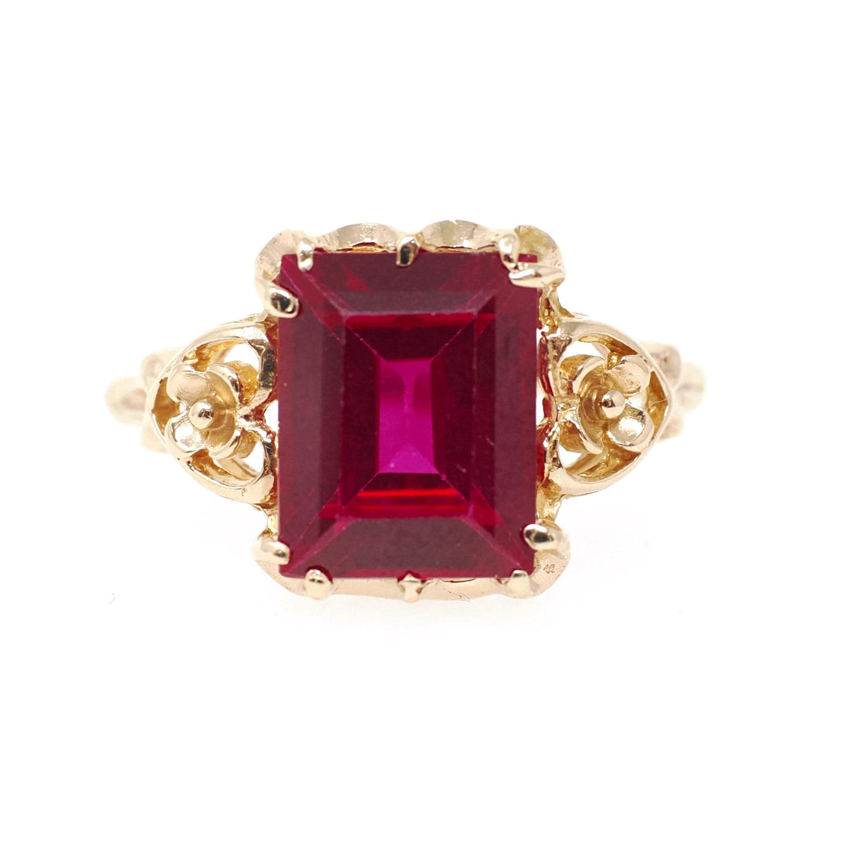 Vintage Floral Ring - Retro Era 10k Yellow Gold Synthetic Ruby Statement - Circa 1940s Size 6 1/4 Flower Heart July Birthstone Fine Jewelry