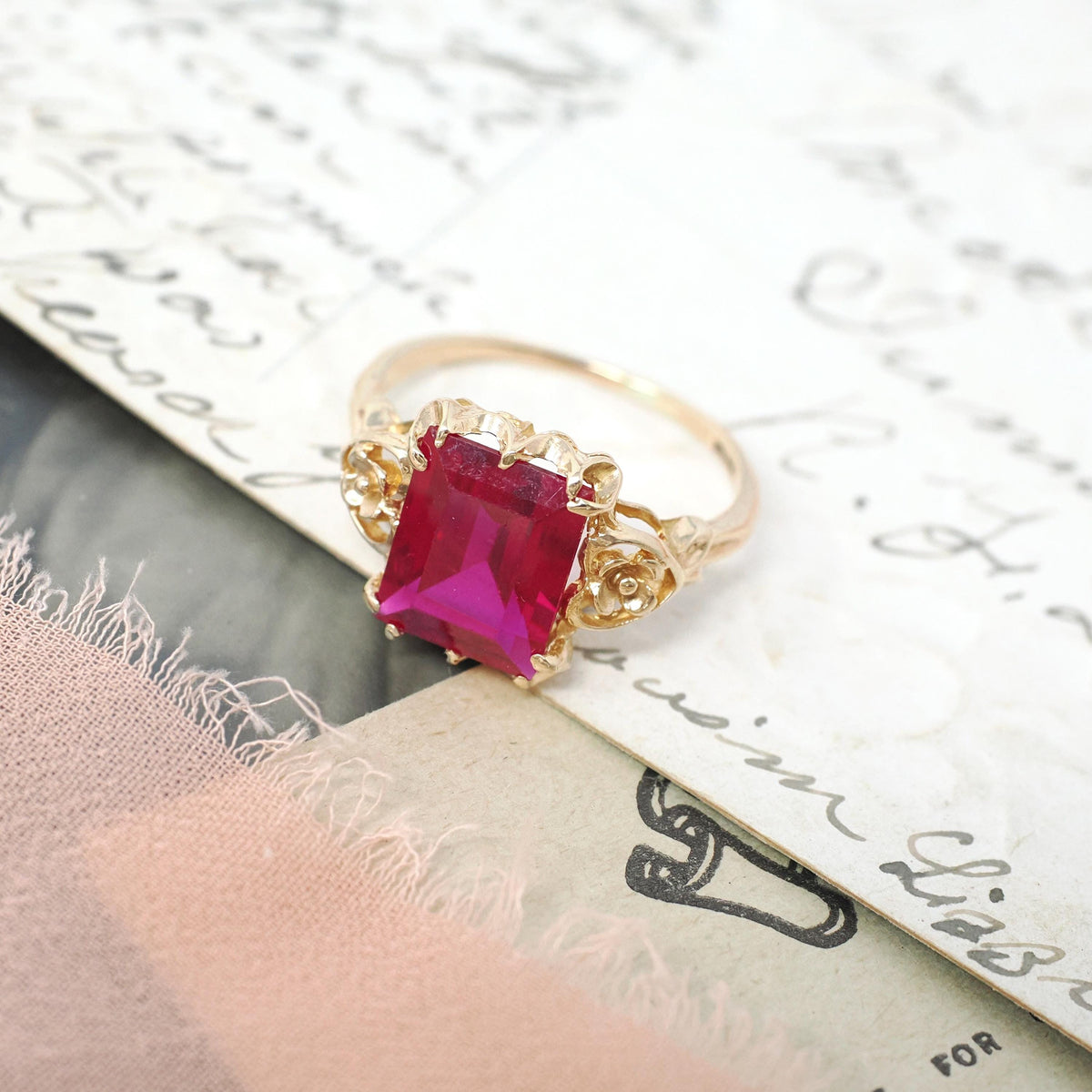 Vintage Floral Ring - Retro Era 10k Yellow Gold Synthetic Ruby Statement - Circa 1940s Size 6 1/4 Flower Heart July Birthstone Fine Jewelry