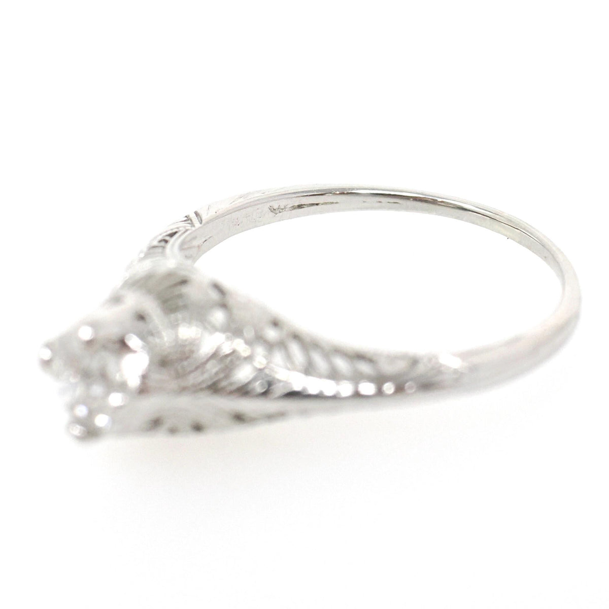 Antique Diamond Ring - Art Deco 18k White Gold Natural .43 CT Filigree Solitaire Engagement - Circa 1920s Era Size 8 Fine Bridal Jewelry