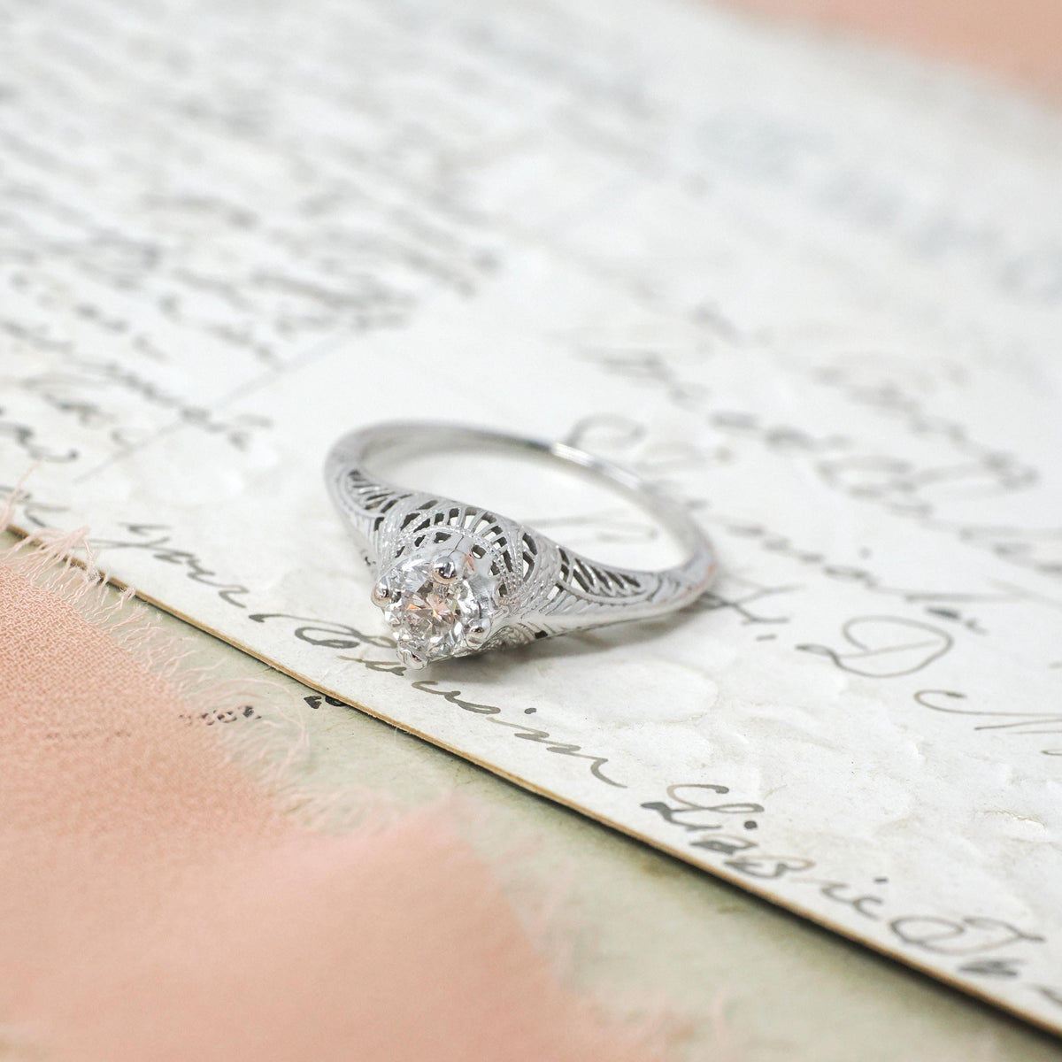 Antique Diamond Ring - Art Deco 18k White Gold Natural .43 CT Filigree Solitaire Engagement - Circa 1920s Era Size 8 Fine Bridal Jewelry