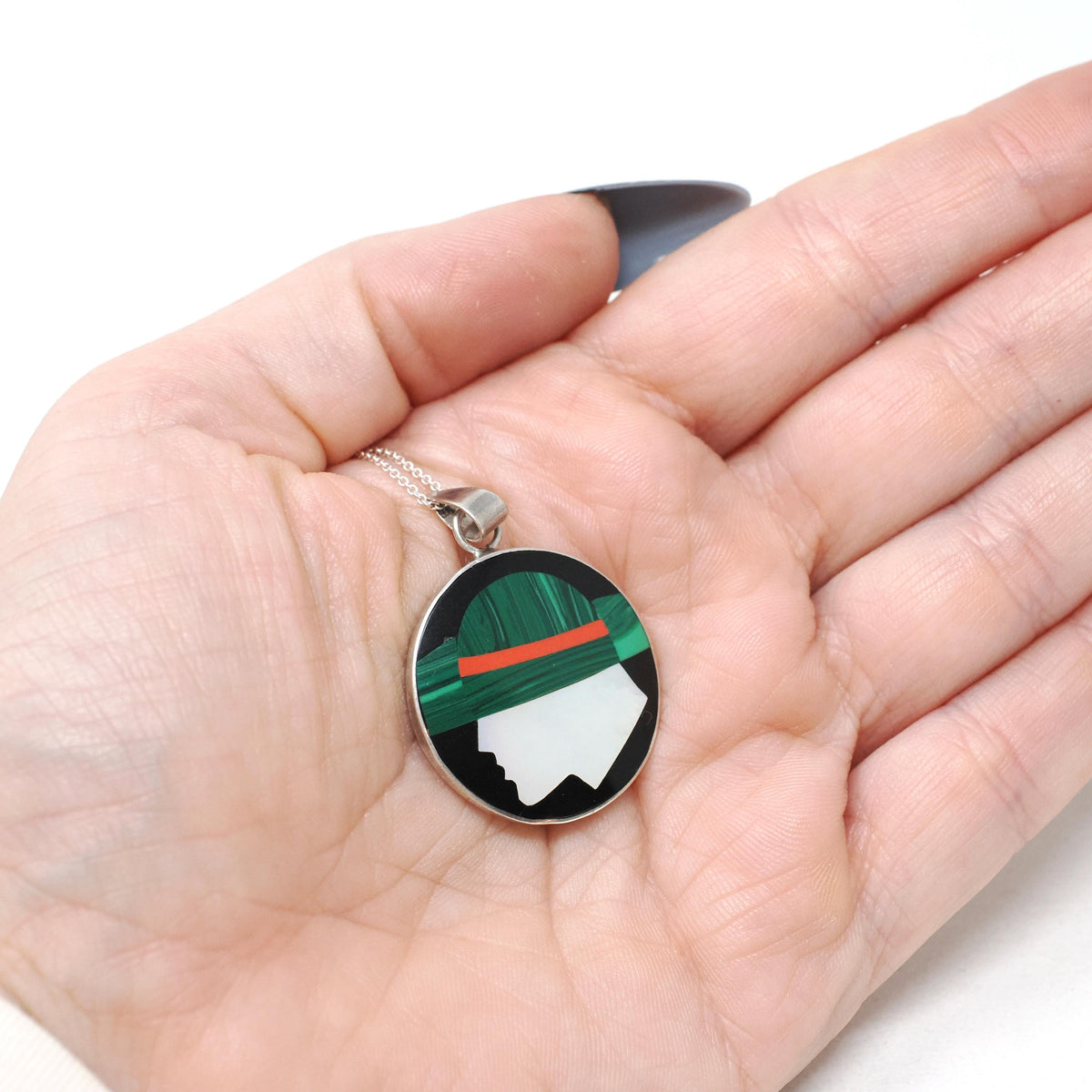 Inlayed Gemstone Pendant - Contemporary Sterling Silver Black Enamel Natural Malachite Mother of Pearl Pendant - Circa 2000s Fashion Jewelry
