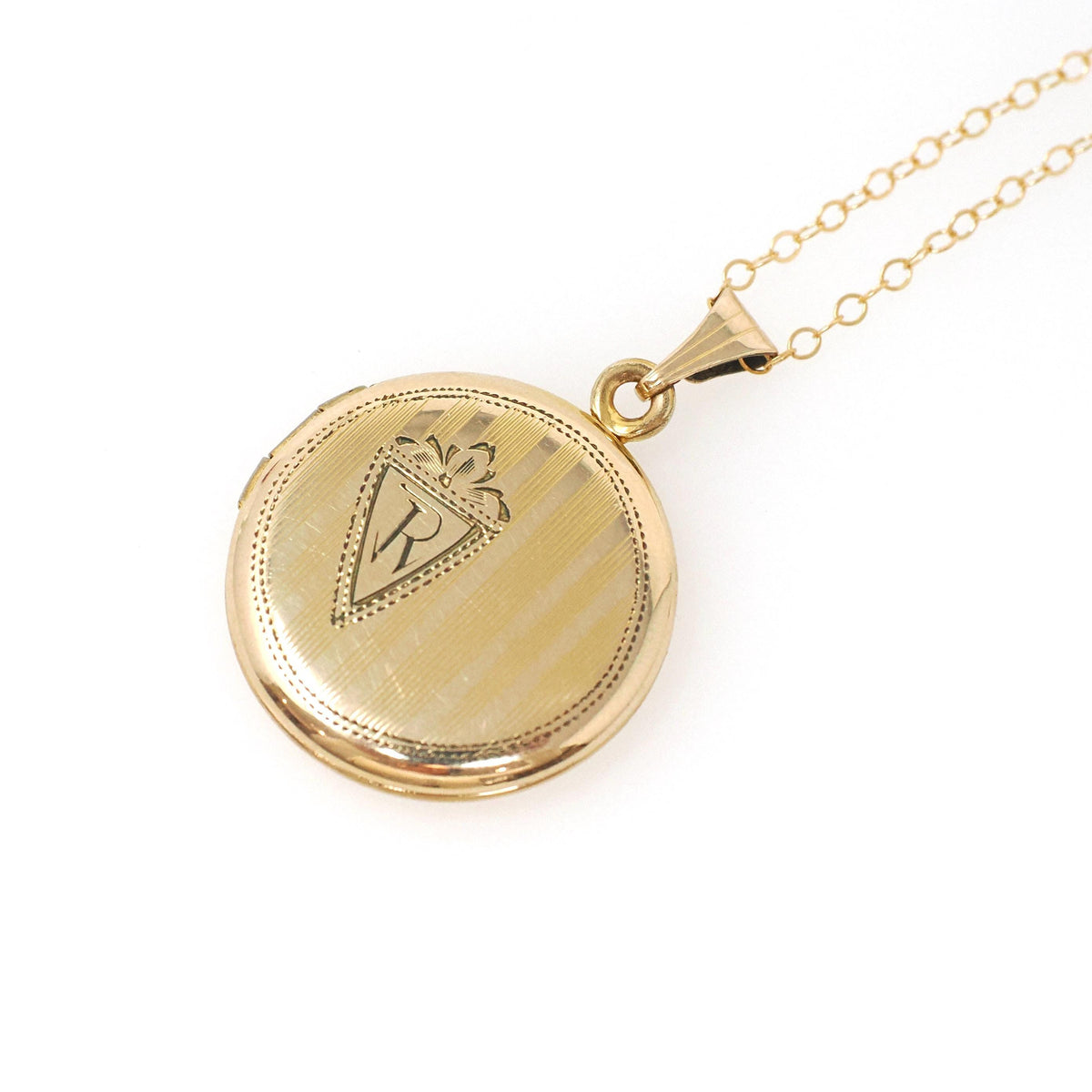 Letter "R" Locket - Vintage Gold Filled Round Statement Linear Engraved Single Initial - Retro Circa 1940s Era Photograph Keepsake Jewelry