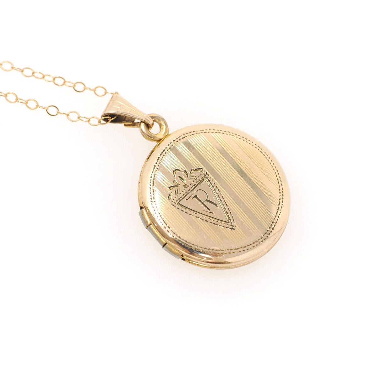 Letter "R" Locket - Vintage Gold Filled Round Statement Linear Engraved Single Initial - Retro Circa 1940s Era Photograph Keepsake Jewelry