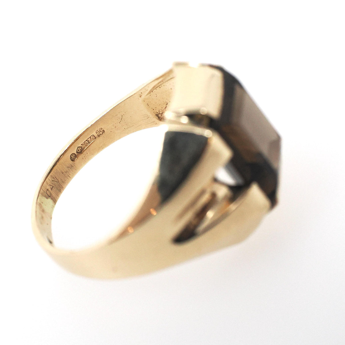 Smoky Quartz Ring - Mid Century Era 9k Yellow Gold Unisex Brown Rectangular Gemstone - Hallmarked 1952 Size 7 1/4 Fine Statement Jewelry