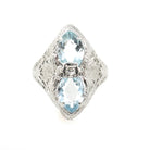Vintage Aquamarine Ring - Art Deco 14k White Gold Natural Blue Marquise Hourglass Gemstones - Circa 1930s Era Size 4 Filigree Fine Jewelry